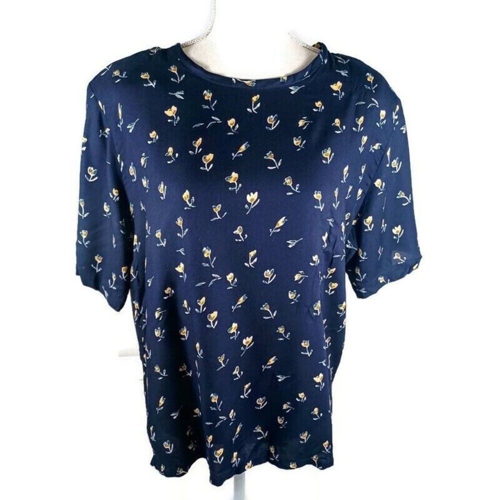 Liberty Fashions Vintage Top Sz 12 Blue Floral Short Sleeve Shoulder Pad